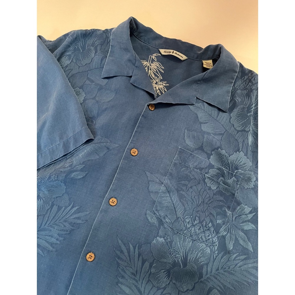 Tommy Bahama 100% Silk Men's Short Sleeve Button Up Blue Shirt Size Large